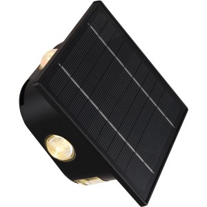 Schwarze Globo LED Solar-Wandleuchte mit Solarpanel und Lichteffekt in vier Richtungen.