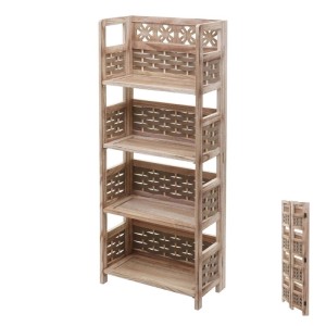 MCW Regal K86, braunes Holzregal mit 4 Ablageflächen und dekorativem Geflecht.