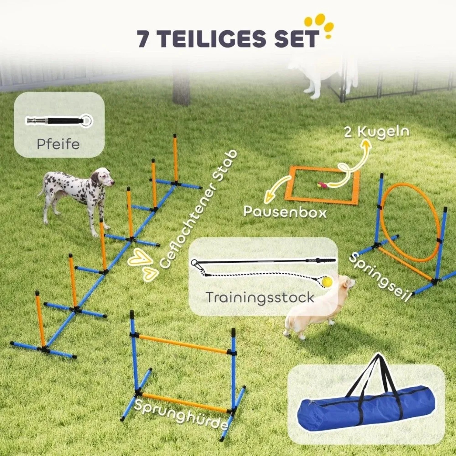 PawHut Hund Agility Set: 7-teiliger Parcours in Blau-Orange mit Hürde, Reifen, Slalomstangen, Tasche für Hunde auf Rasen.