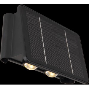 Schwarze Globo LED Solar-Wandleuchte, 17 cm, mit zwei warmweißen LEDs.