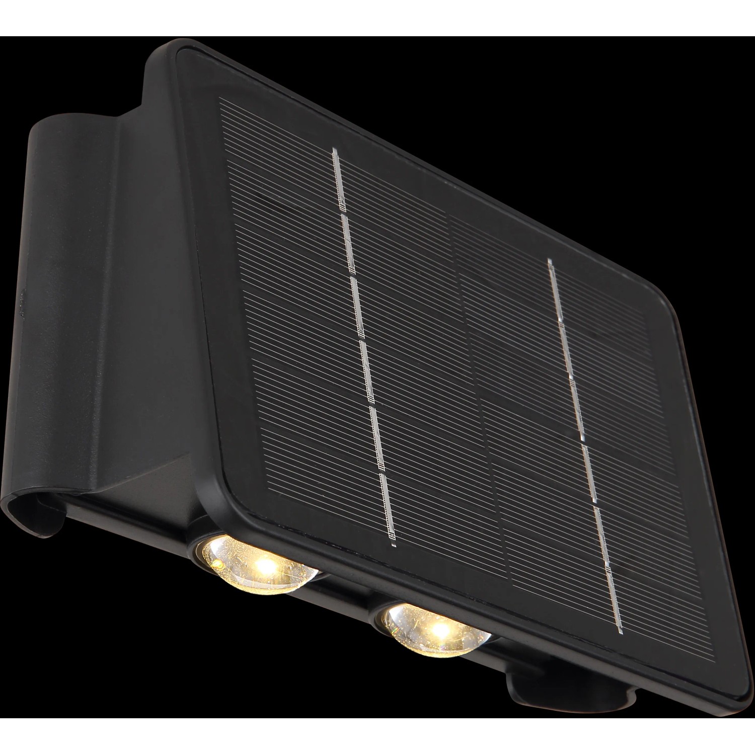 Schwarze Globo LED Solar-Wandleuchte, 17 cm, mit zwei warmweißen LEDs.