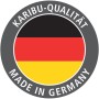 Karibu Qualitätssiegel: Made in Germany mit Deutschlandflagge für Gartenhäuser.