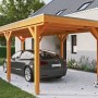 Skan Holz Carport Grunewald mit Aluminiumdach in Eiche Hell und geparktem Auto.