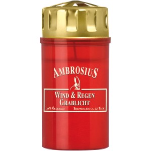 Rotes Ambrosius Grablicht „Wind & Regen 25“ mit Metalldeckel, Brenndauer 2,5 Tage.