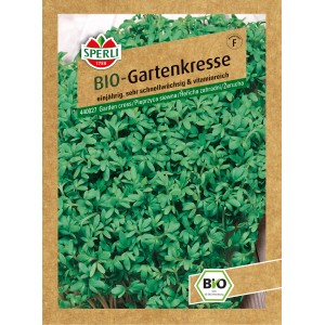Samenpackung Sperli Bio Gartenkresse mit grünen Kresseblättern.
