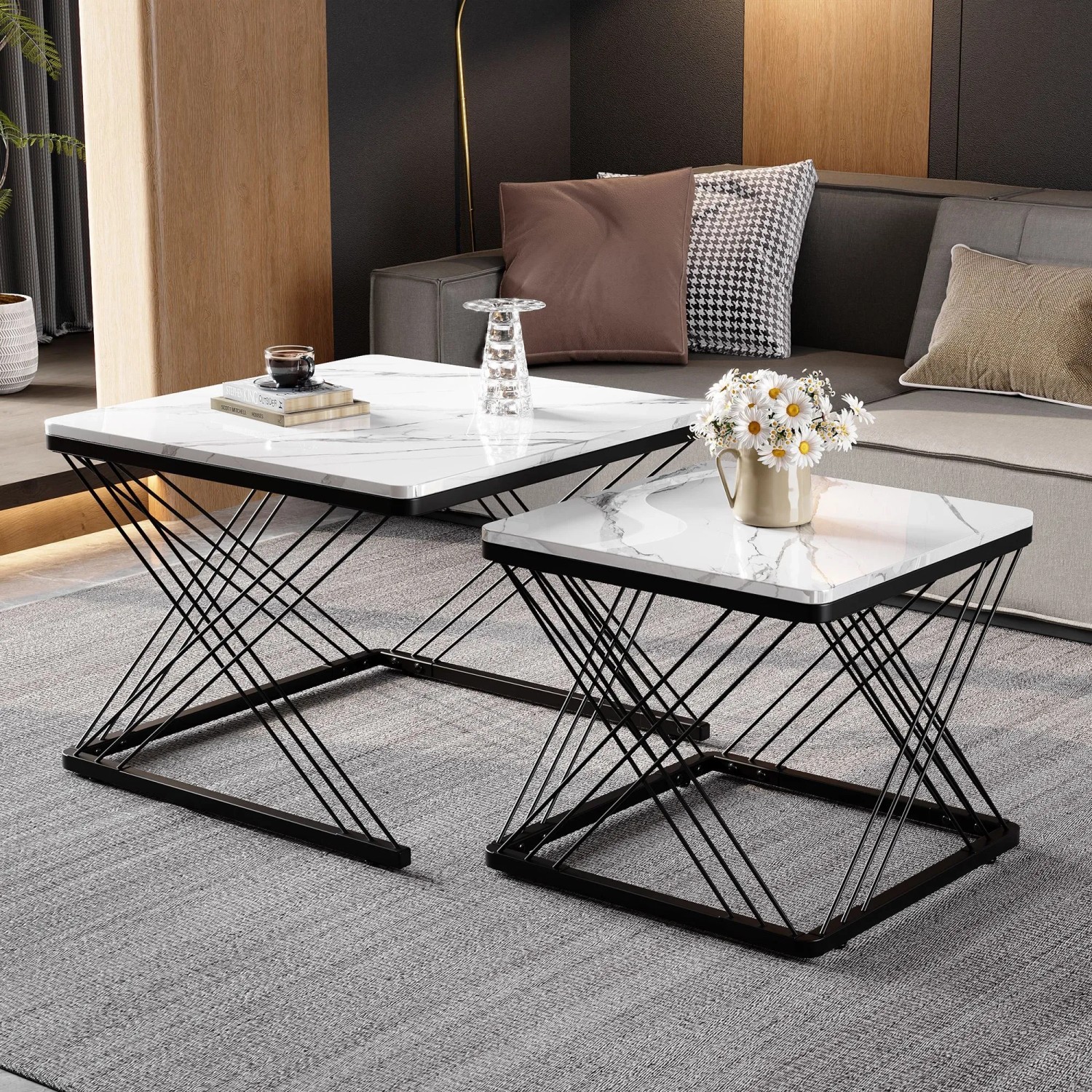 okwish Couchtisch Set mit Marmoroptik HöhenVerstellbare Füße 60x60x45cm 45x45x40cm Schwarz_3