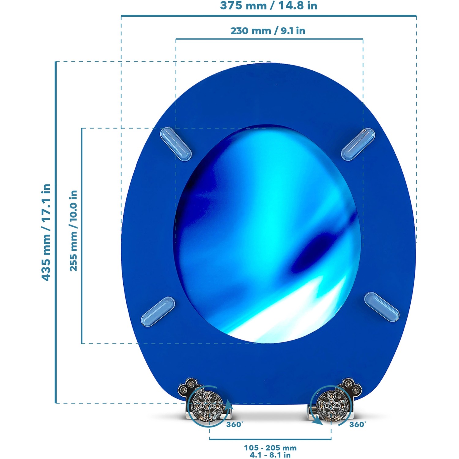 Sanfino WC-Sitz Wave, blauer Toilettendeckel mit Absenkautomatik und Maßangaben.