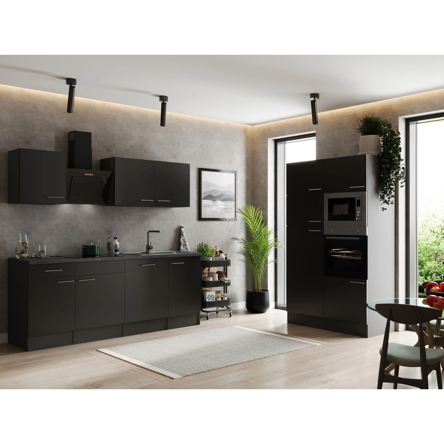Respekta Küchenzeile Oliver 340 cm Schwarz mit E-Geräten und Spüle.