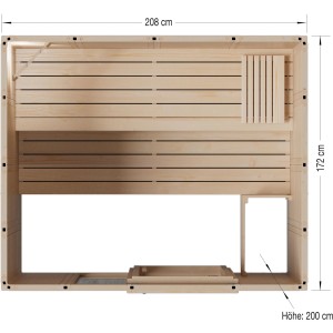 Draufsicht der Eilo Blockbohlen-Sauna EL-BE 40-2117 mit Liegen und Ofenschutzgitter.