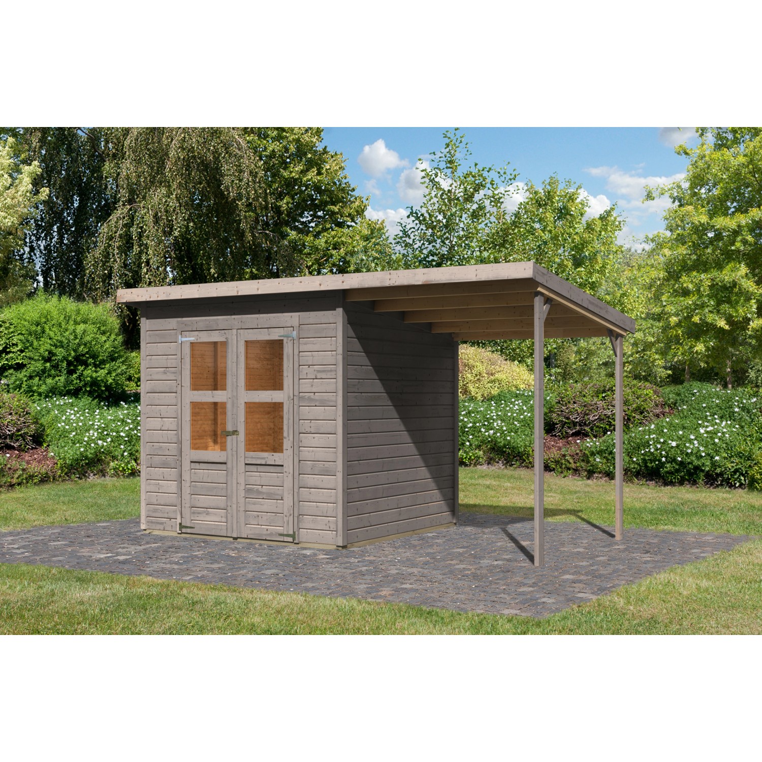 Karibu Gartenhaus Vellinge mit Anbaudach, vorvergraut, im Garten.