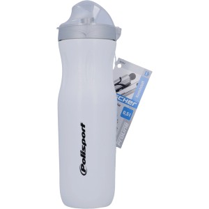 Weiße Fischer Trinkflasche Thermo, 500 ml, mit transparentem Deckel und schwarzem Aufdruck.