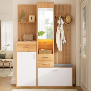 Merax Flurgarderobe Schuhschrank Spiegel Sitzbank LED Schubladen