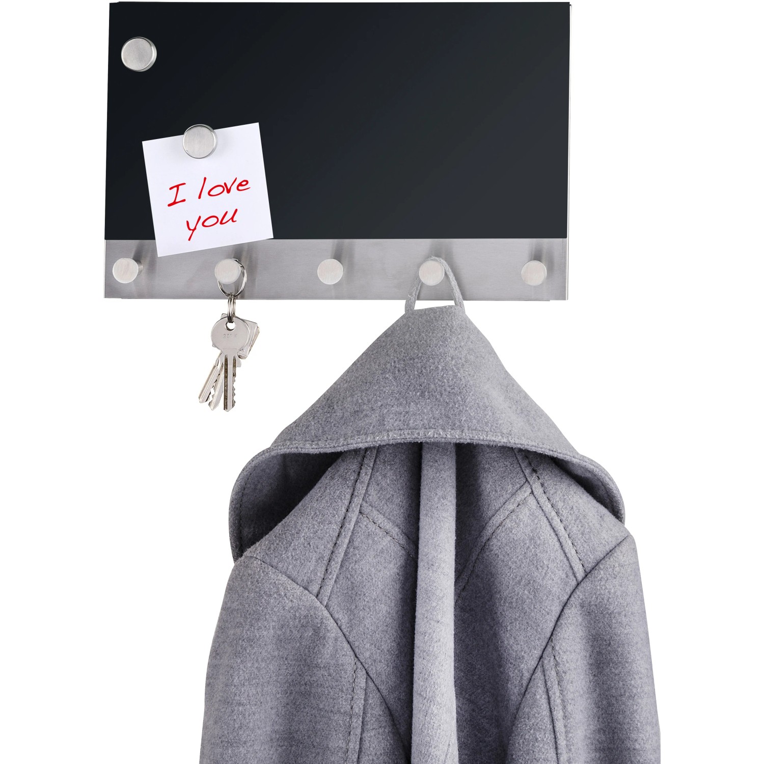 Wenko Magnetische Garderobe mit 5 Haken, Memoboard und beschreibbarer Glasfläche, inklusive Jacke und Schlüssel.