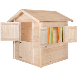 Weka Kinderspielhaus Tabaluga Drachenhöhle aus naturbelassenem Holz mit Fensterläden und Tür.