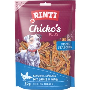 Rinti Chicko Plus Fischstäbchen, 80g Hunde-Snack mit Lachs & Huhn.