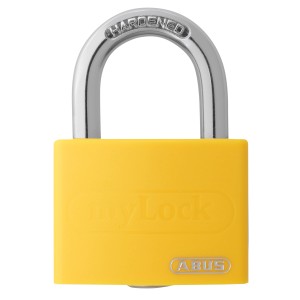 Gelbes Abus Aluminium-Vorhangschloss T65AL/40 mit gehärtetem Stahlbügel.