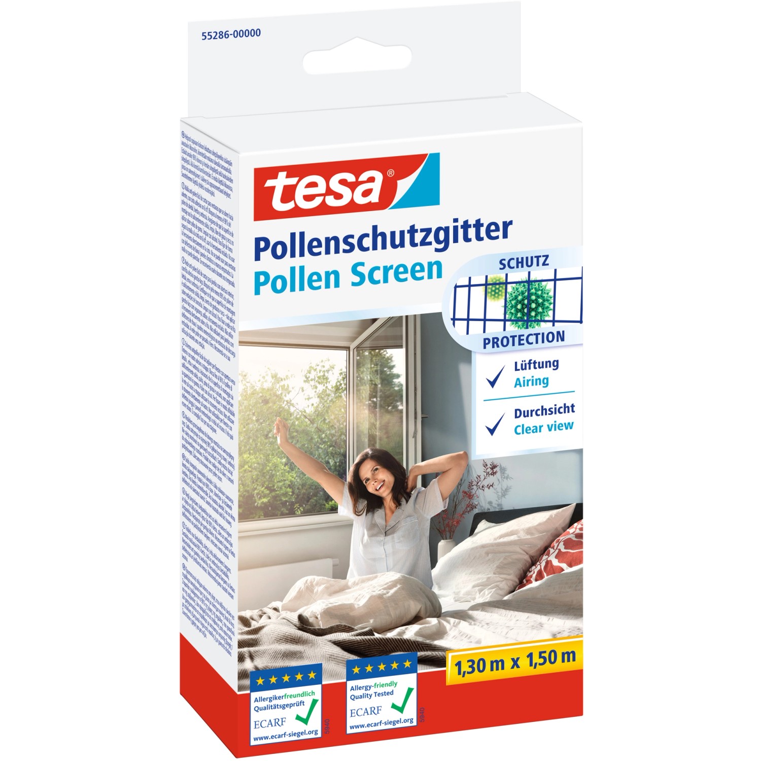 Tesa Pollenschutzgitter Anthrazit, 1,3x1,5m, Verpackung. Effektiver Schutz vor Pollen für Fenster.
