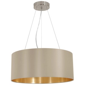 Eglo Maserlo Pendelleuchte, 3-flammig, taupefarbener Stoffschirm, Nickel matt.