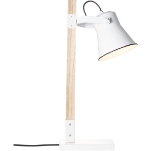 Weiße Brilliant Tischlampe Plow mit Holzfuß, Design-Tischleuchte für Wohnraum und Nachttisch.