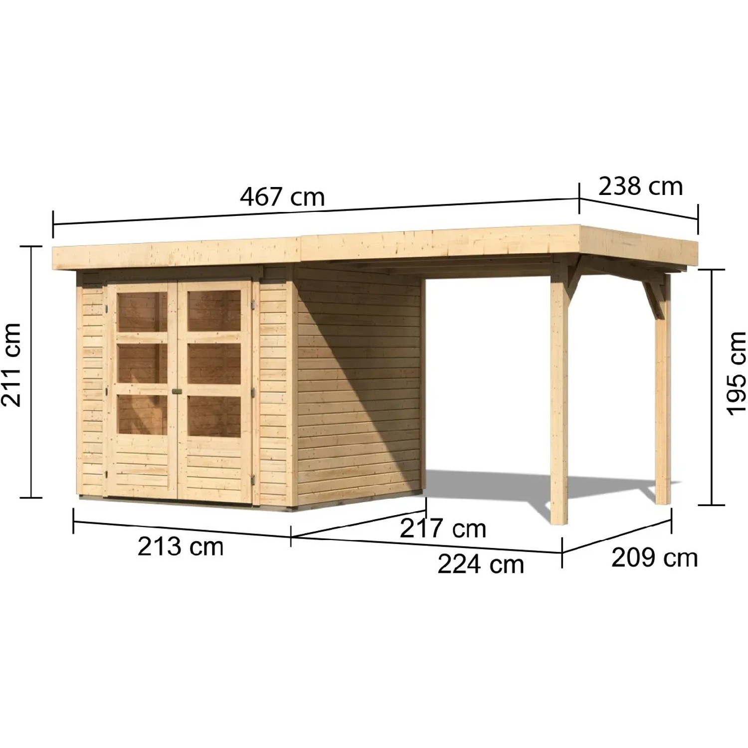 Karibu Gartenhaus Speedy A Set mit Anbaudach, naturbelassen, Maße: 433x217cm.