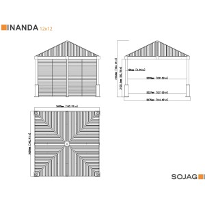 Technische Zeichnung: Sojag Pavillon Nanda Champagner, 363x363 cm, mit Seitenwand. Abmessungen und Details.