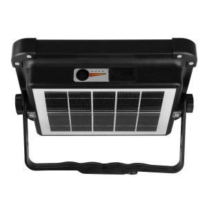 Schwarze Globo Solarleuchte (Ø 17,2 cm) mit Solarpanel und Tragegriff für den Außenbereich.