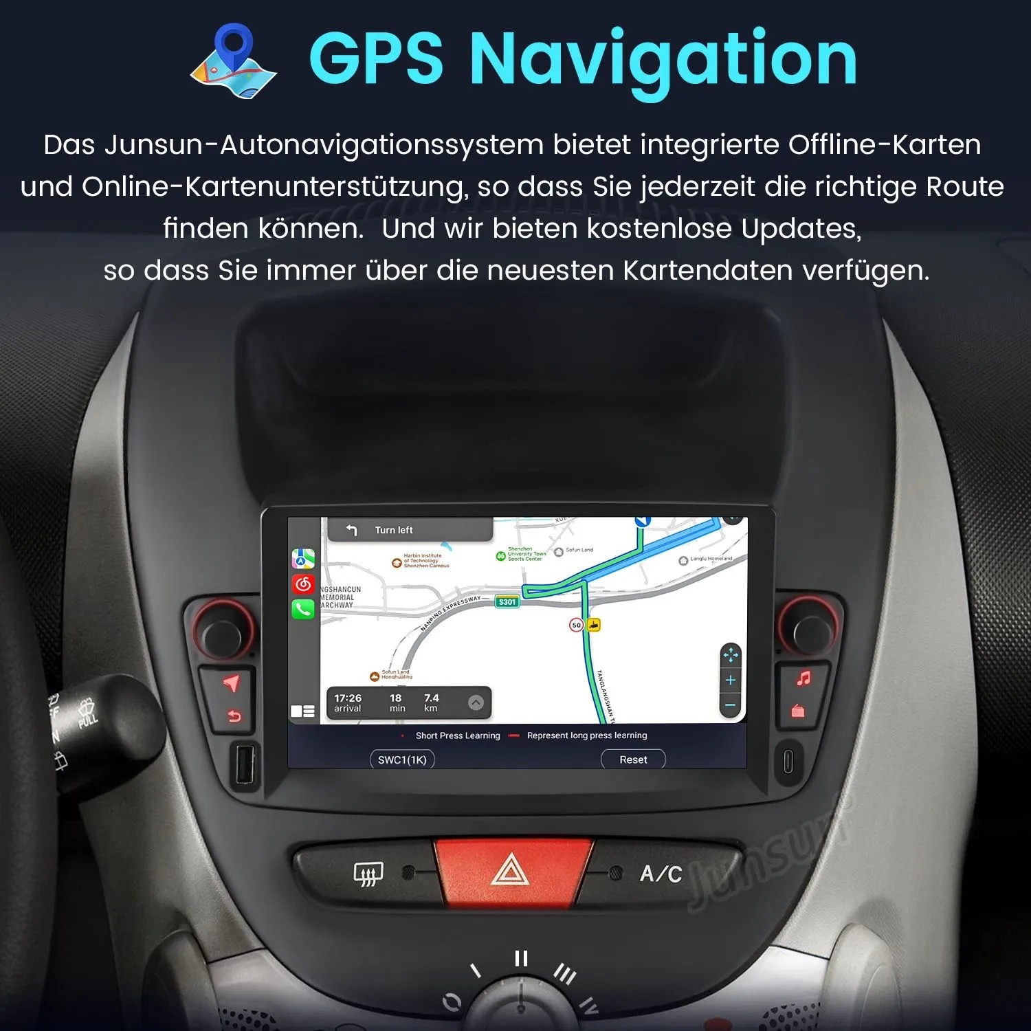 Junsun 7 Zoll Autoradio mit GPS Navigation im Armaturenbrett eines Autos.