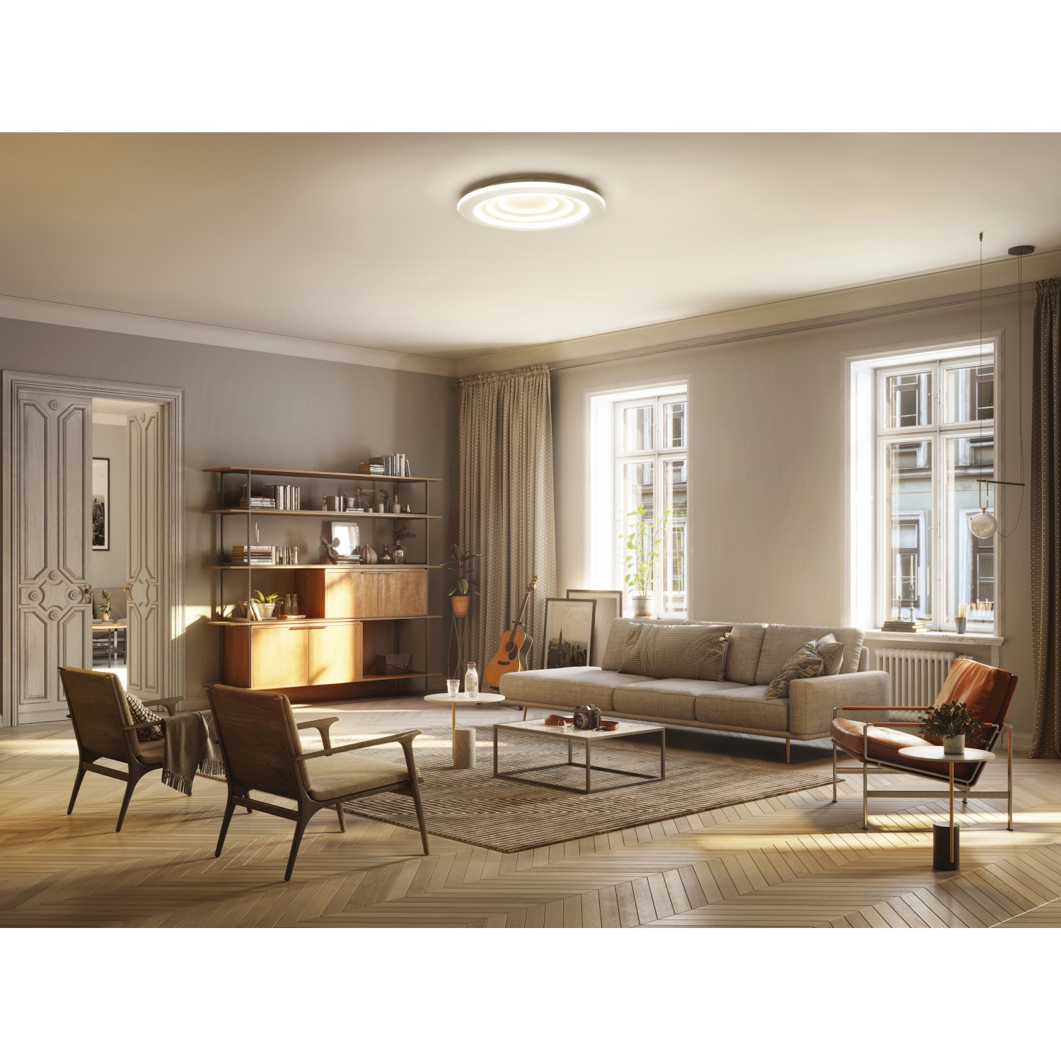 LEDVance Smart+ WiFi Deckenleuchte Orbis Spiral, Ø 50cm, Tunable White im Wohnraum.