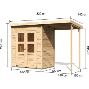 Karibu Holz-Gartenhaus Vellinge Natur mit Pultdach und Anbau, Maße eingezeichnet.