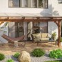 Skan Holz Terrassenüberdachung Ravenna, 541x250 cm, Douglasie Nussbaum, mit Polycarbonatplatten und Gartenmöbeln.