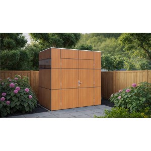 Modernes Bertilo Gartenhaus HPL Mini Italian Walnut mit Flachdach und Fenster im Garten.