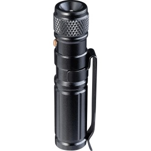 Schwarzer LUX Taktikstift 7-in-1 mit Clip und LED-Taschenlampe.