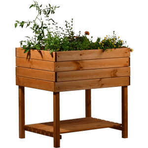 Dobar Hochbeet Magic Kubus 2.0, bernsteinfarben, mit Ablagefläche und Bepflanzung.