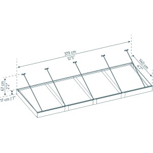 Technische Zeichnung: Graues Palram Canopia Vordach Sophia XL, 379x140 cm, mit Maßangaben.