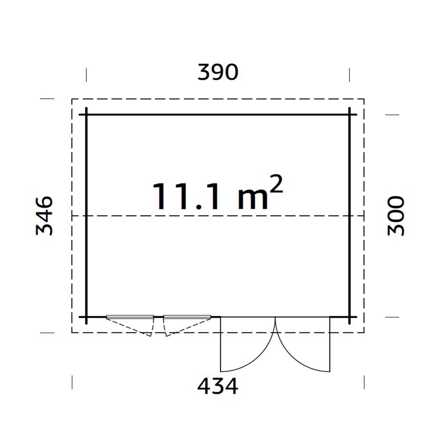Grundriss Palmako Iris Holz-Gartenhaus, 390x300 cm, Satteldach, Maße und Türposition.