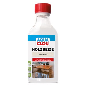 Flasche Aqua Clou Holzbeize Weiß 250ml für intensive Holzeinfärbung.