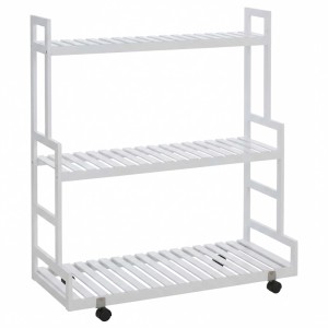 Weißes MCW Bambus Pflanzenregal Q33 mit 3 Ablagen und Rollen (105x90x38cm).