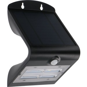 Schwarze LED Solar-Außenleuchte mit Sensor, 3,2W, 400lm, 3000K. Wandleuchte mit Solarpanel.