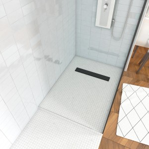 Aurlane Duschboard 80x120 mit schwarzem Ablaufkanal in gefliester Dusche.