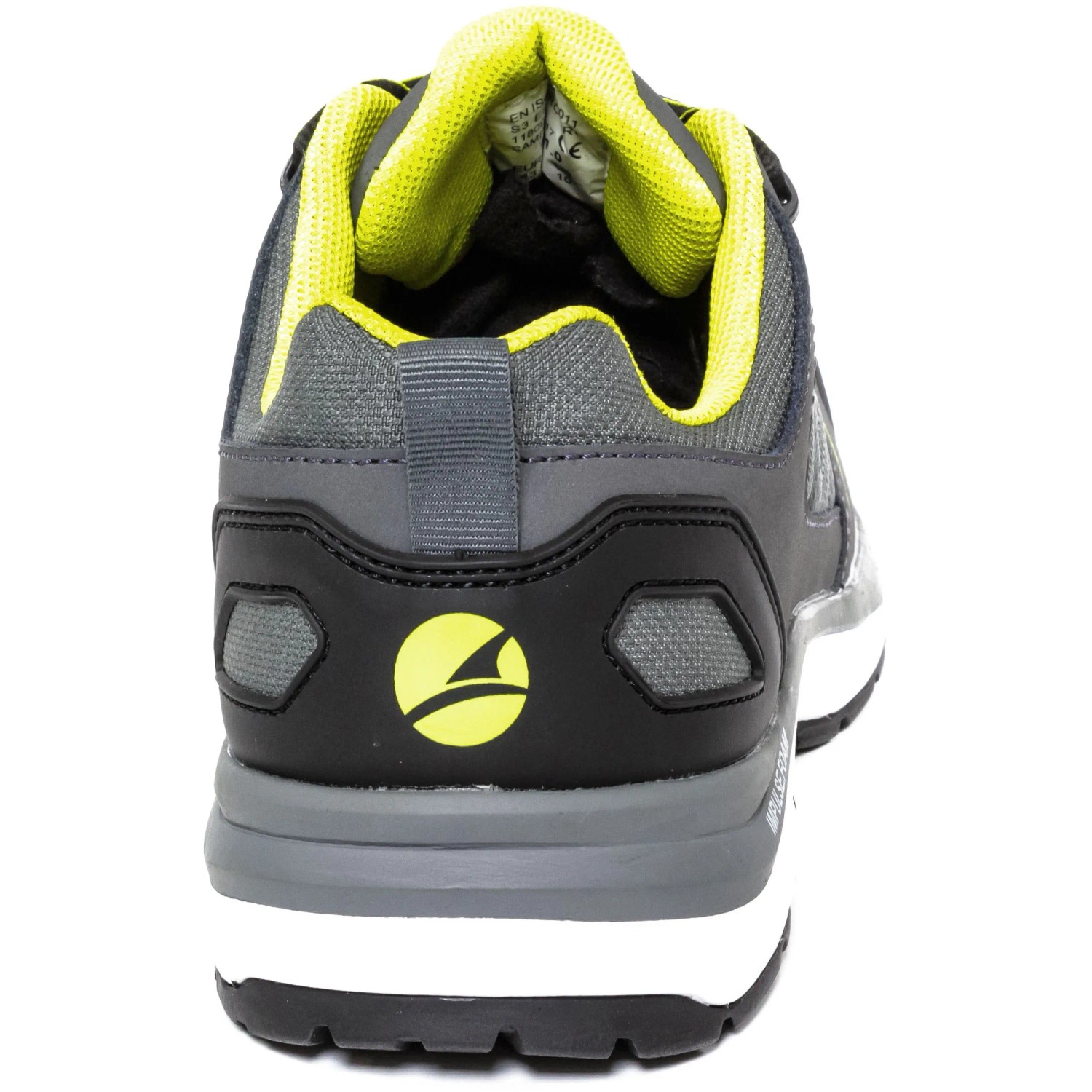 Grauer Albatros Ultratrail S3 Sicherheitshalbschuh, Rückansicht mit gelbem Logo.