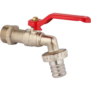 Kugelauslaufventil mit Schlauchverschraubung, 26,4 mm (R 3/4), matt verchromt, mit rotem Hebel.