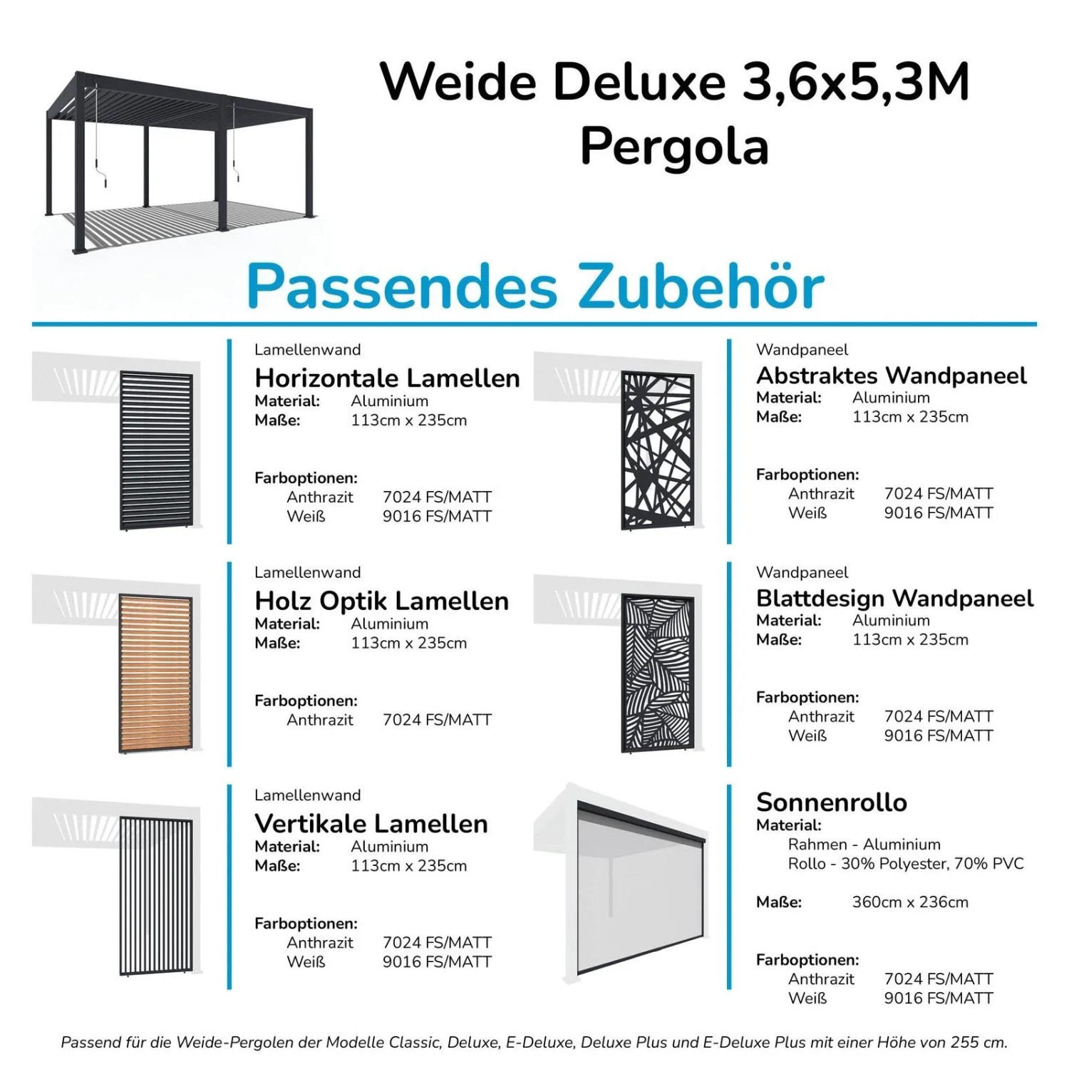 Weide Deluxe Aluminium Pergola 3,6x5,3m in Anthrazit mit Lamellendach und Zubehör-Optionen.