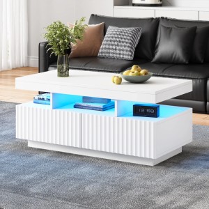 okwish Couchtisch mit LED Schubladen Streifen Design 100x50x45cm Hochglanz Weiß