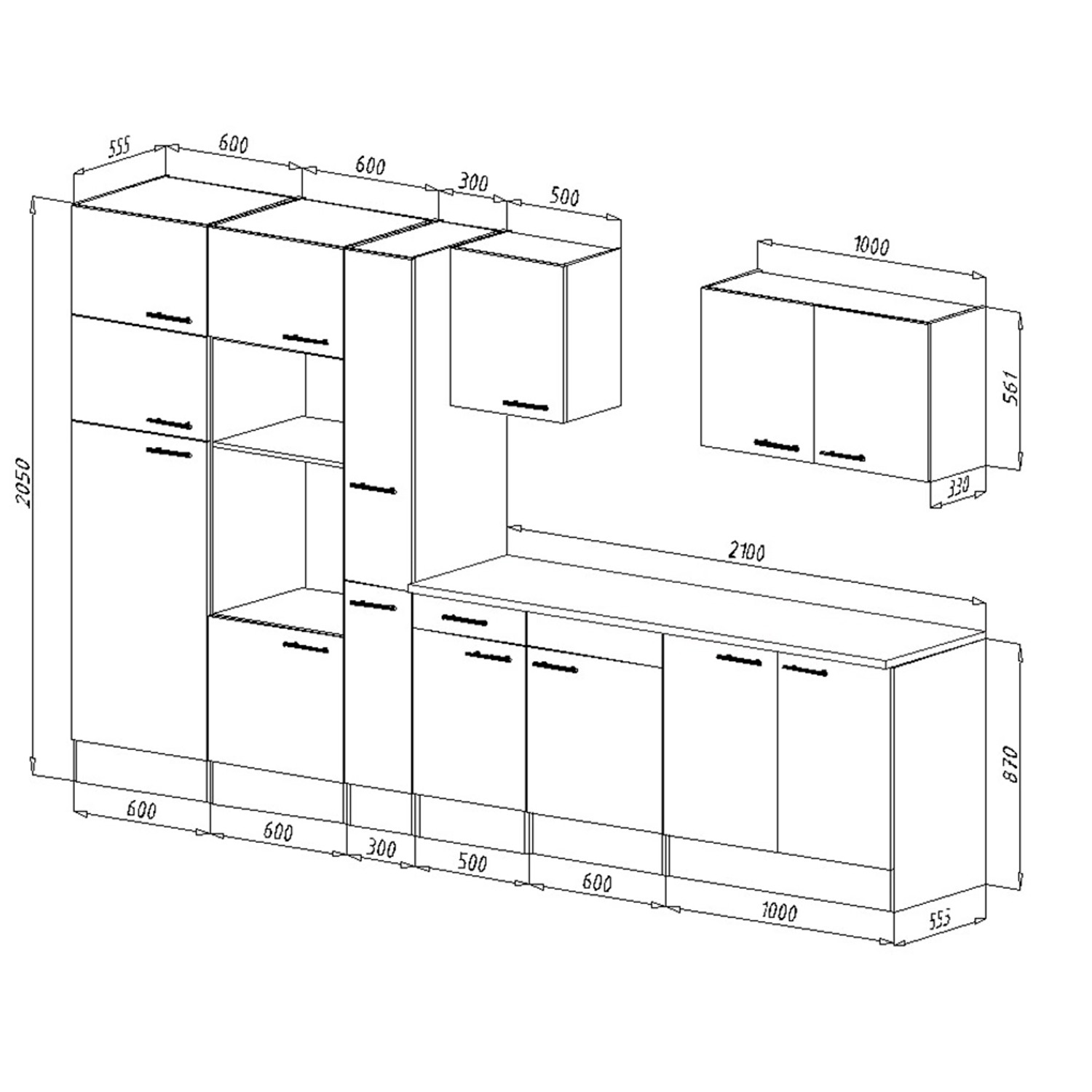 Skizze der Respekta Küchenzeile KB360EYWMIGKE, 360 cm, Weiß Seidenglanz/Eiche York Nachbildung.
