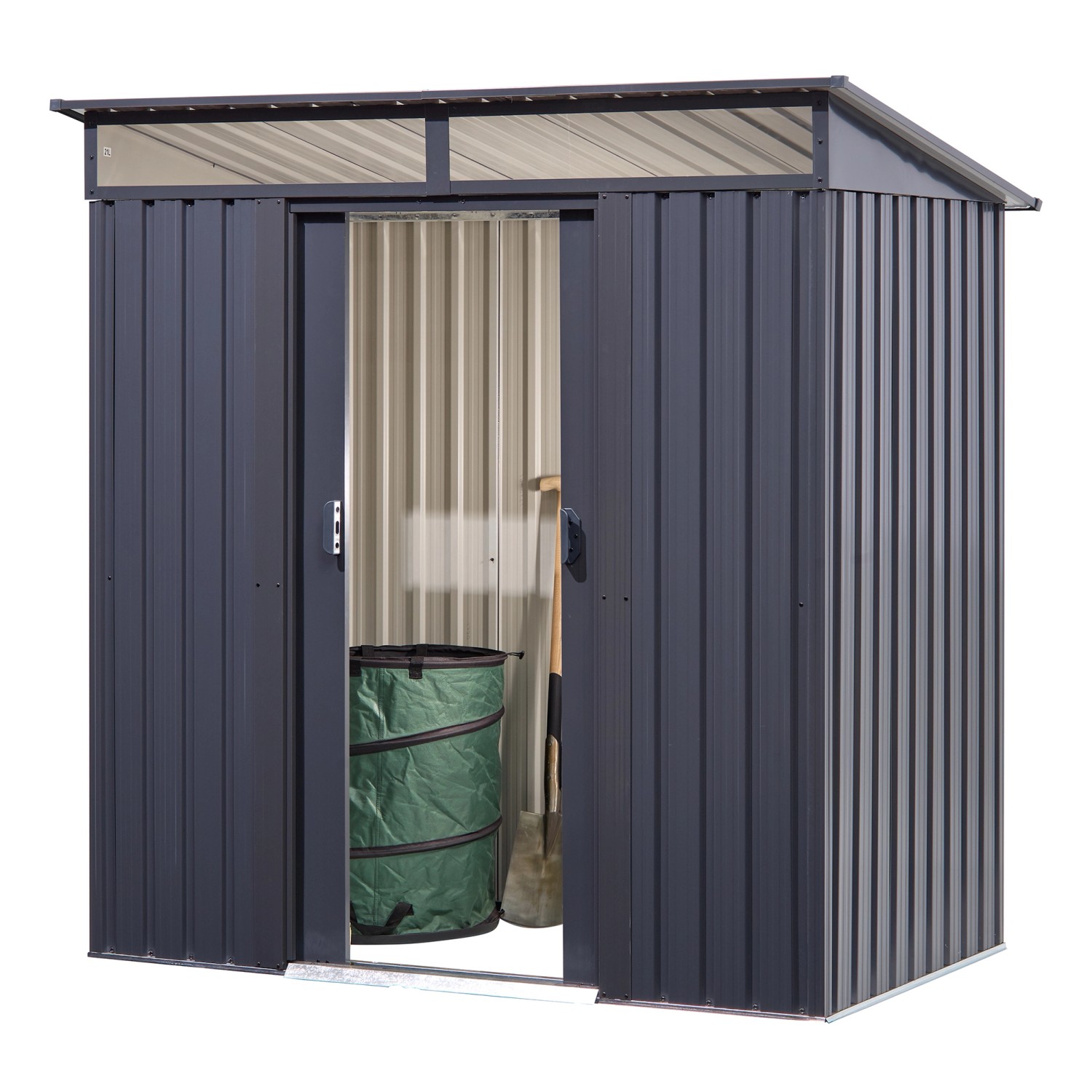 Floraworld Metall-Gerätehaus, anthrazit, 2 m², mit geöffneter Tür und Gartengeräten im Inneren.