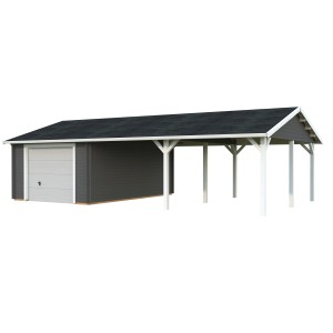 Palmako Garage Roger mit Sektionaltor, dunkelgrau-weiß lackiert, mit Carport-Anbau.