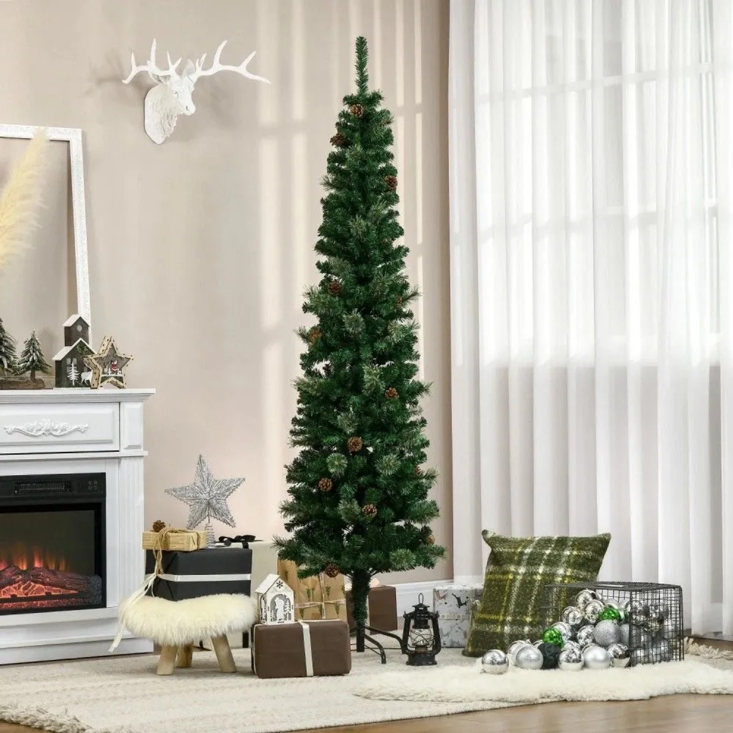 Schlanker HOMCOM Weihnachtsbaum, 195 cm hoch, aus grünem Kunststoff und Metall, mit Tannenzapfen, festlich dekoriert.