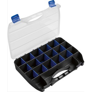 Offener LUX Sortierkasten 36,4 cm mit Facheinteilung, transparentem Deckel und blau/schwarzen Fächern.