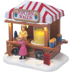 LED-Weihnachtsdorf Verkaufsstand Popcorn mit Figuren, warmweiße Beleuchtung für festliche Deko.