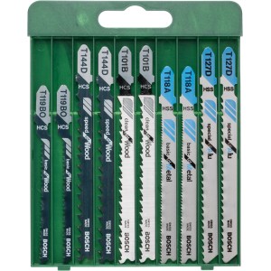 Bosch Stichsägeblätter Set, 10-teilig für Holz und Metall im grünen Halter.